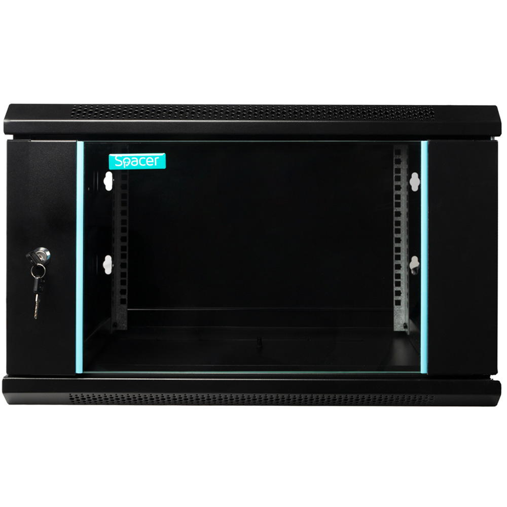 Cabinet 19″ SPACER 6U 600x450mm, fixare pe perete, Flatpack (dezasamblat), negru, panouri detasabile, otel 1.5mm, sarcina maxima 60Kg