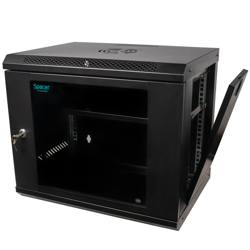 Cabinet 19″ SPACER 9U 500x450mm, fixare pe perete, Flatpack (dezasamblat), negru, panouri detasabile, otel 1mm, sarcina maxima 25Kg