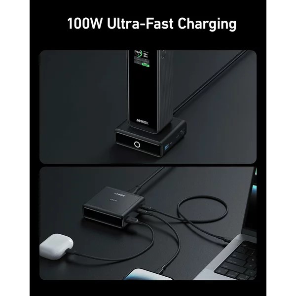 BAZA de incarcare baterie externa Anker "Prime" ,100W, incarcare rapida 4-in-1,PD si Power IQ 3.0,rez la socuri, 1xUSB,2xUSB-C, 1xPogo Pin,498 g, negru, "A1902311" -194644150662