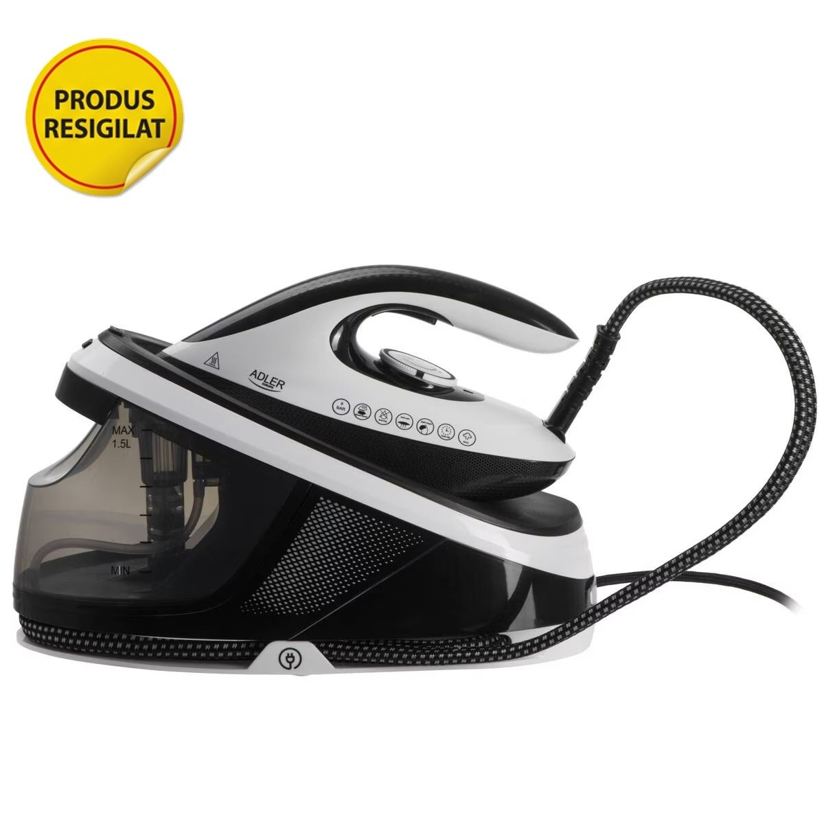 Resigilat - Statie de Calcat cu Abur Adler AD 5048 Rezervor Apa 1.5L Presiune 8Bar Talpa Ceramica Mod ECO Putere Max 3100W Alb/Negru