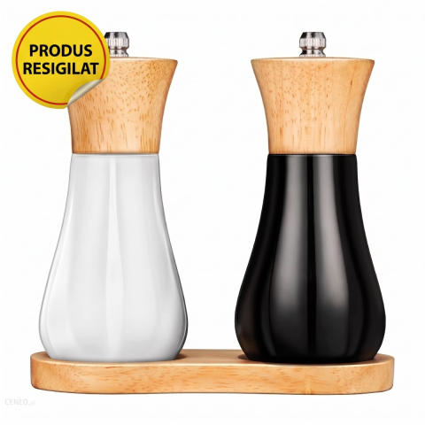 Resigilat Set 2 rasnite manuale Smile SMP-9, condimente, lemn de cauciuc, 13.9 cm, macinare reglabila, suport inclus, alb/negru