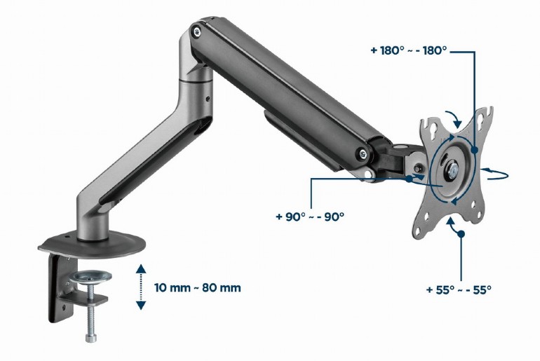 Suport monitor, Gembird, aluminiu, reglabil, maxim 9 kg, suport maxim VESA 100 x 100 mm, gri