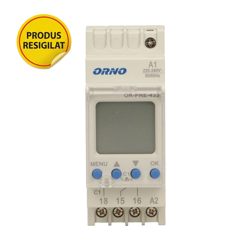 RESIGILAT - Programator digital ORNO OR-PRE-433, 2300W, 16A, 52 de programe, montaj pe sina DIN TH-35, IP20, alb