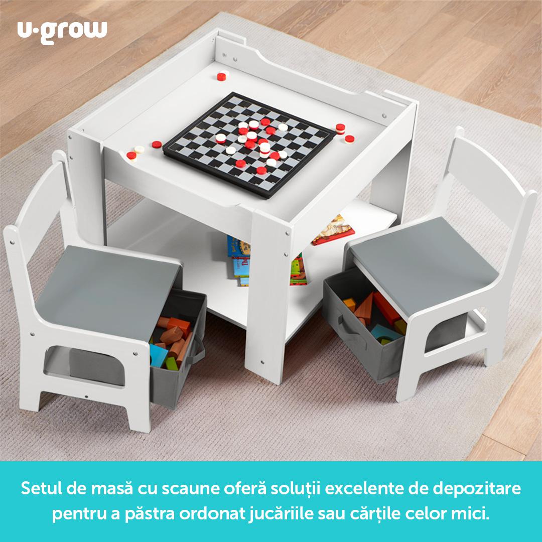Set masuta si 2 scaune U-Grow UGMS-5601-GR, MDF alb/gri, modern
