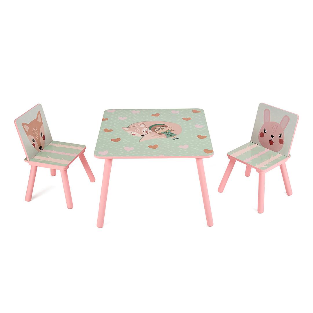 Set masuta si 2 scaune U-Grow UGMBS06-PKF, Pink Forest, lemn, roz