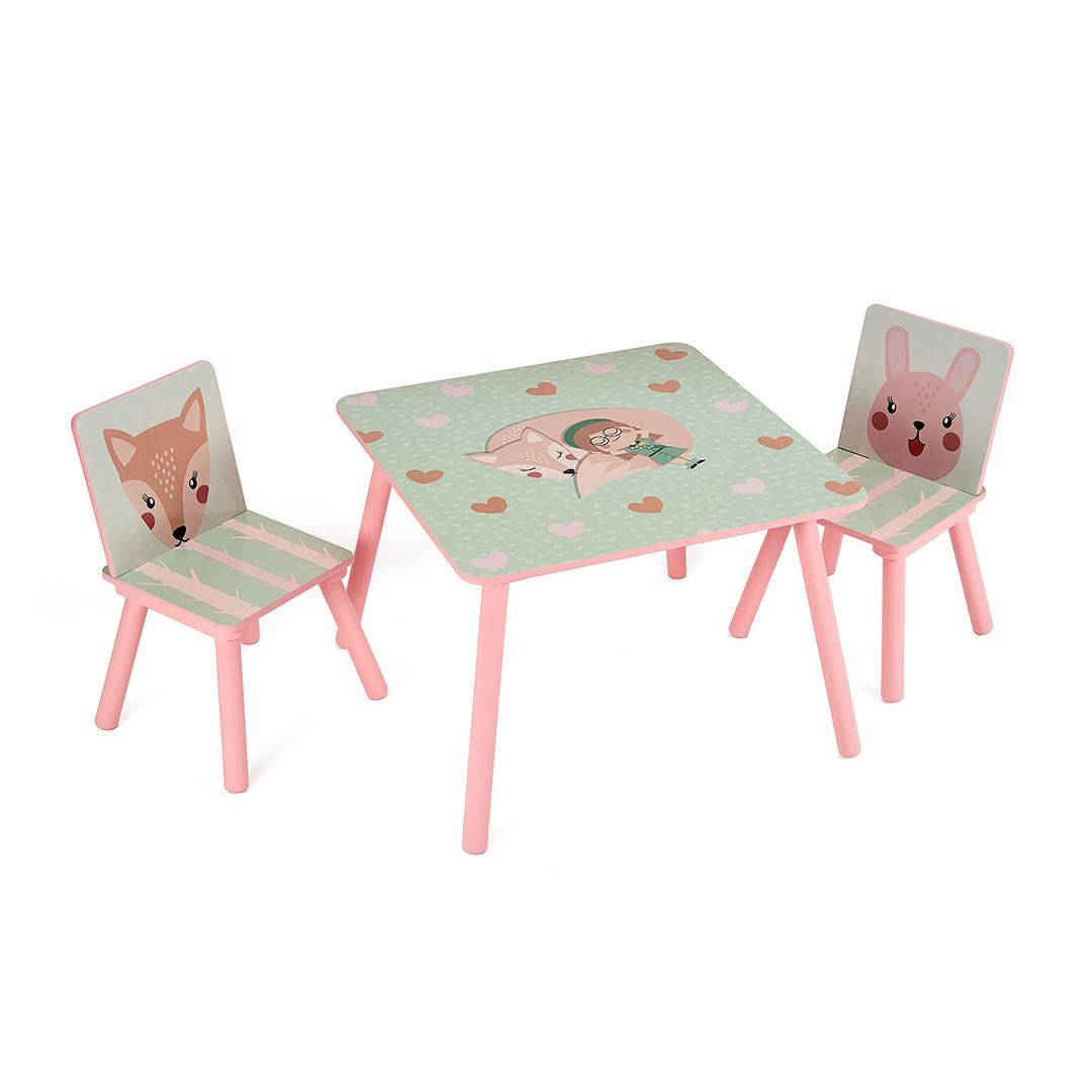 Set masuta si 2 scaune U-Grow UGMBS06-PKF, Pink Forest, lemn, roz