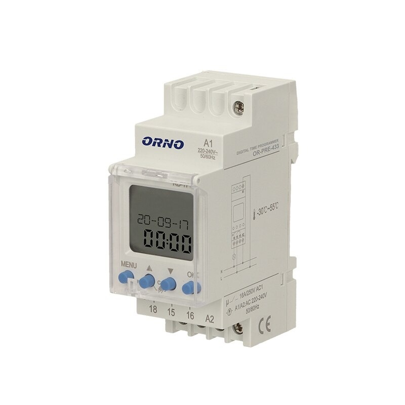 RESIGILAT - Programator digital ORNO OR-PRE-433, 2300W, 16A, 52 de programe, montaj pe sina DIN TH-35, IP20, alb
