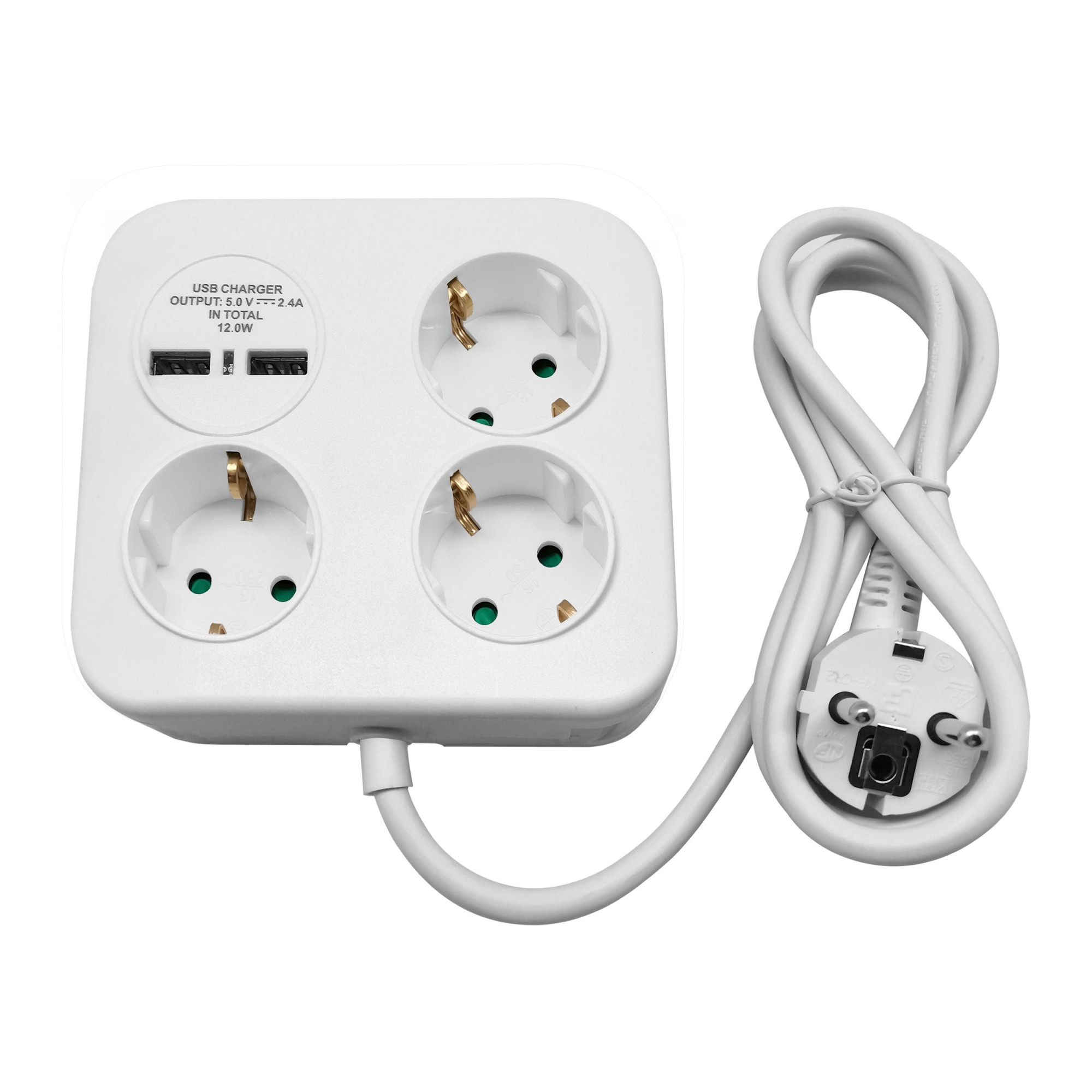 Prelungitor patrat cu 3 prize si 2 x USB-A, 3 x 1.5 mm2, 1,4 m, alb