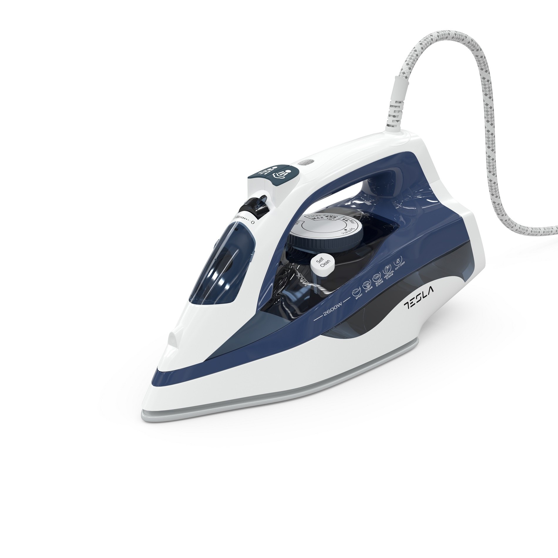 Fier de calcat Tesla IR301BL, 2600 W, talpa ceramica, rezervor 400 ml, 25g/min, Functie Anti-Calcar, Functie Anti-Picurare, cablu 1.9 m, Albastru/Alb