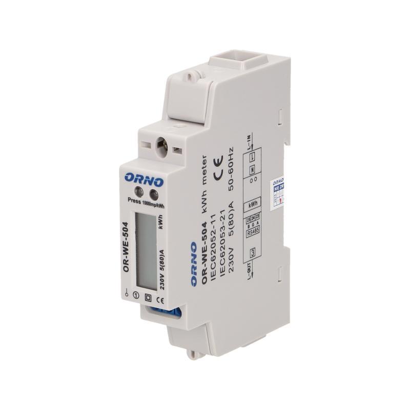 Contor monofazic ORNO OR-WE-504, 80A, 230V, port RS485, frecventa de impuls 1000 imp/kWh, IP20, alb