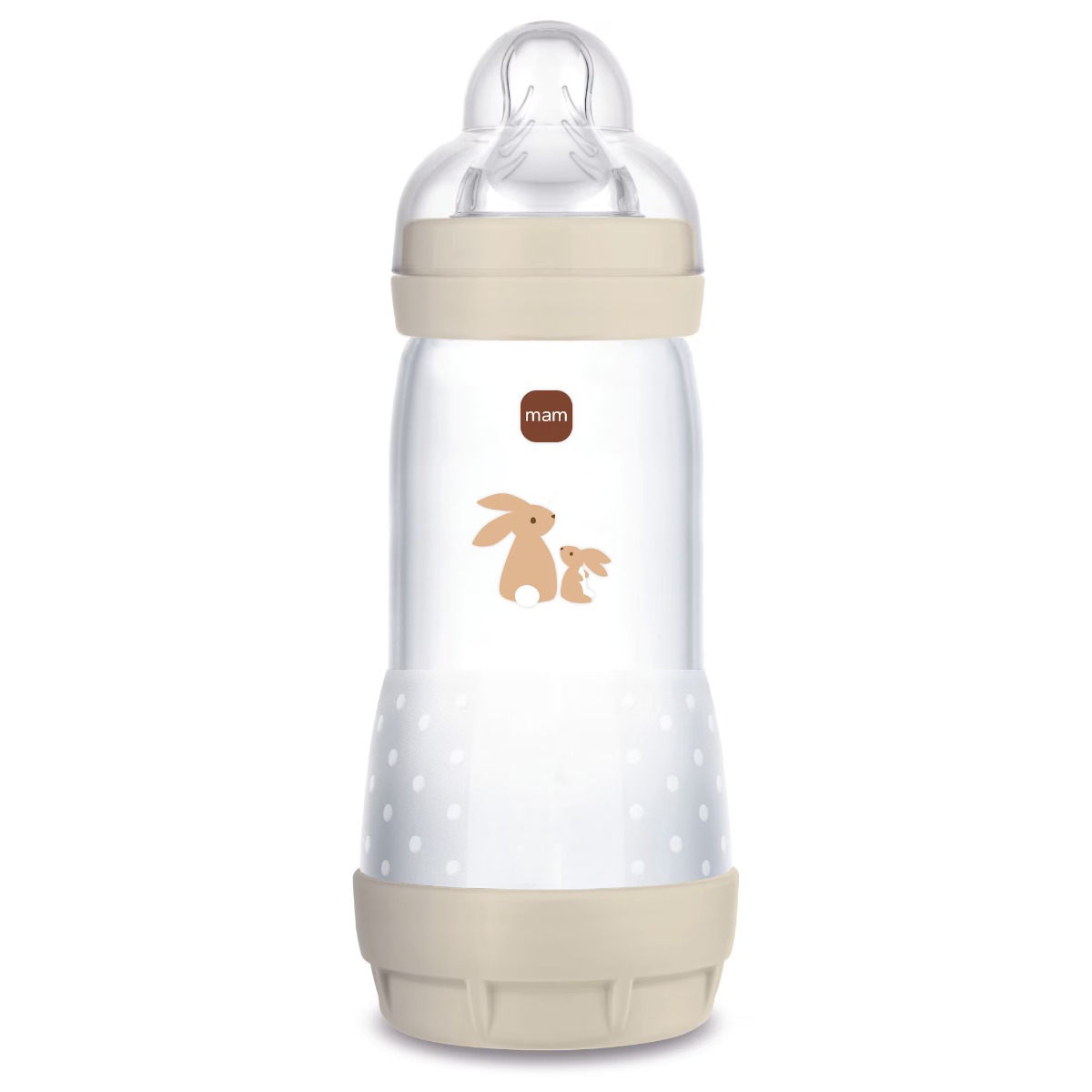 Biberon Mam Baby Perfect Start Grounding in Nature, 320 ml, cu dispozitiv anticolici, Tetina Mam SkinSoft™ Silicon, Tetina care Functioneaza ca Sanul Mamei, fara BPA si BPS, Autocuratare, Bej