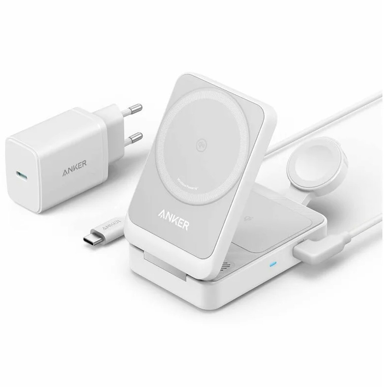 Incarcator wireless Anker, "MagGo" 15W, 3-in-1, pliabil, 3 x wireless, Alb, "B2557321"