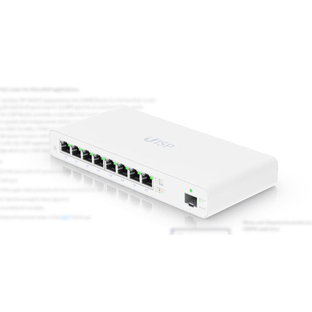 UBIQUITI UISP-R GIGABIT POE ROUTER pentru aplicatii MicroPOP, interfata: 8 x 10/1001000, 1 x 1G SFP, Procesor: Dual-core 880 MHz, MIPS1004Kc, Memorie: 512 Mb, Flash: 512Mb, Consum 10W, Passive POE 27VDC
