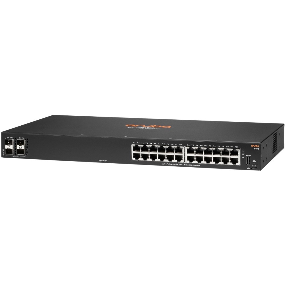 Switch Aruba 6100 24G, 24 porturi 10/100/1000BASE-T, 4 porturi SFP+, Standarde IEEE 802.1D, IEEE 802.1Q, IEEE 802.1p, IEEE 802.1s, IEEE 802.1w, IEEE 802.3, IEEE 802.3ab, IEEE 802.3ad, IEEE 802.3az, IEEE 802.3x