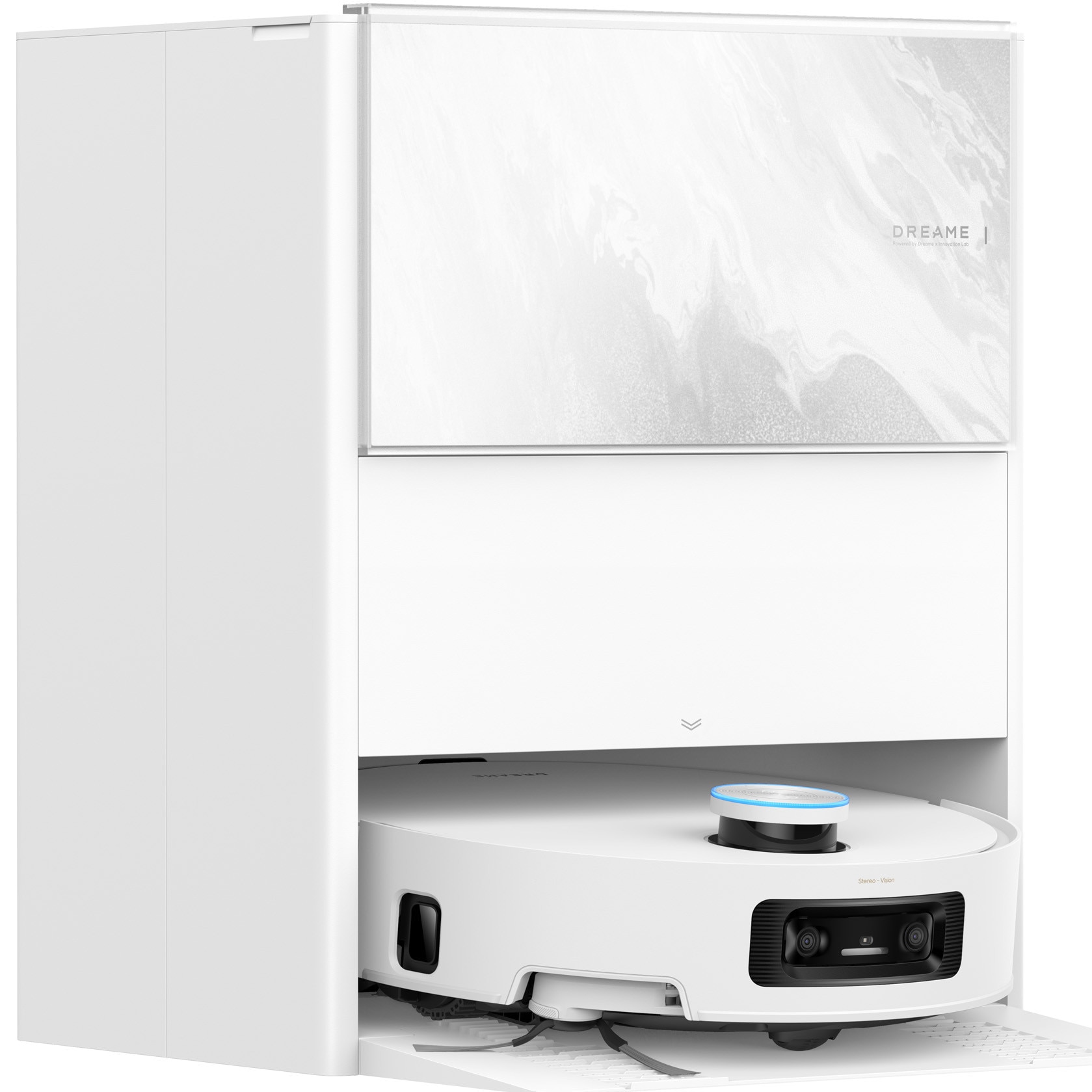 Robot de aspirare cu mop Dreame Aqua 10 Ultra Track Complete RLR81CE-1-WH, tehnologie TrackSync™ statie automata de golire 3.5l, 25000Pa, functie autocuratare mop la 100˚C ThermoHub™, baterie 6400mAh, alb