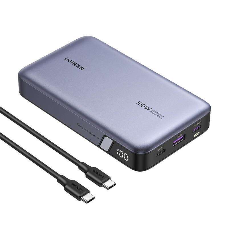 Baterie externa Ugreen Nexode 20.000 mAh, 100W, 2x USB-C, 1x USB-A, Digital display, cablu USB-C inclus, Gri