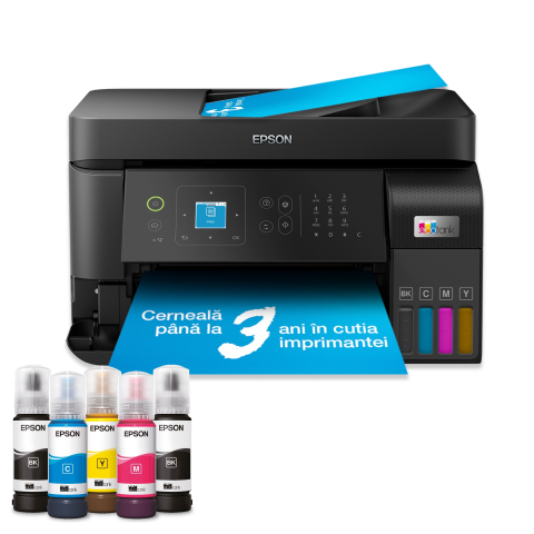 Multifunctional inkjet color CISS Epson EcoTank L5590, (Print, Copy, Scan, Fax) dimensiune A4, 4 culori, viteza max 15ppm alb-negru, 8ppm color, rezolutie 1200x2400dpi, alimentare hartie 100 coli + 30 coli ADF