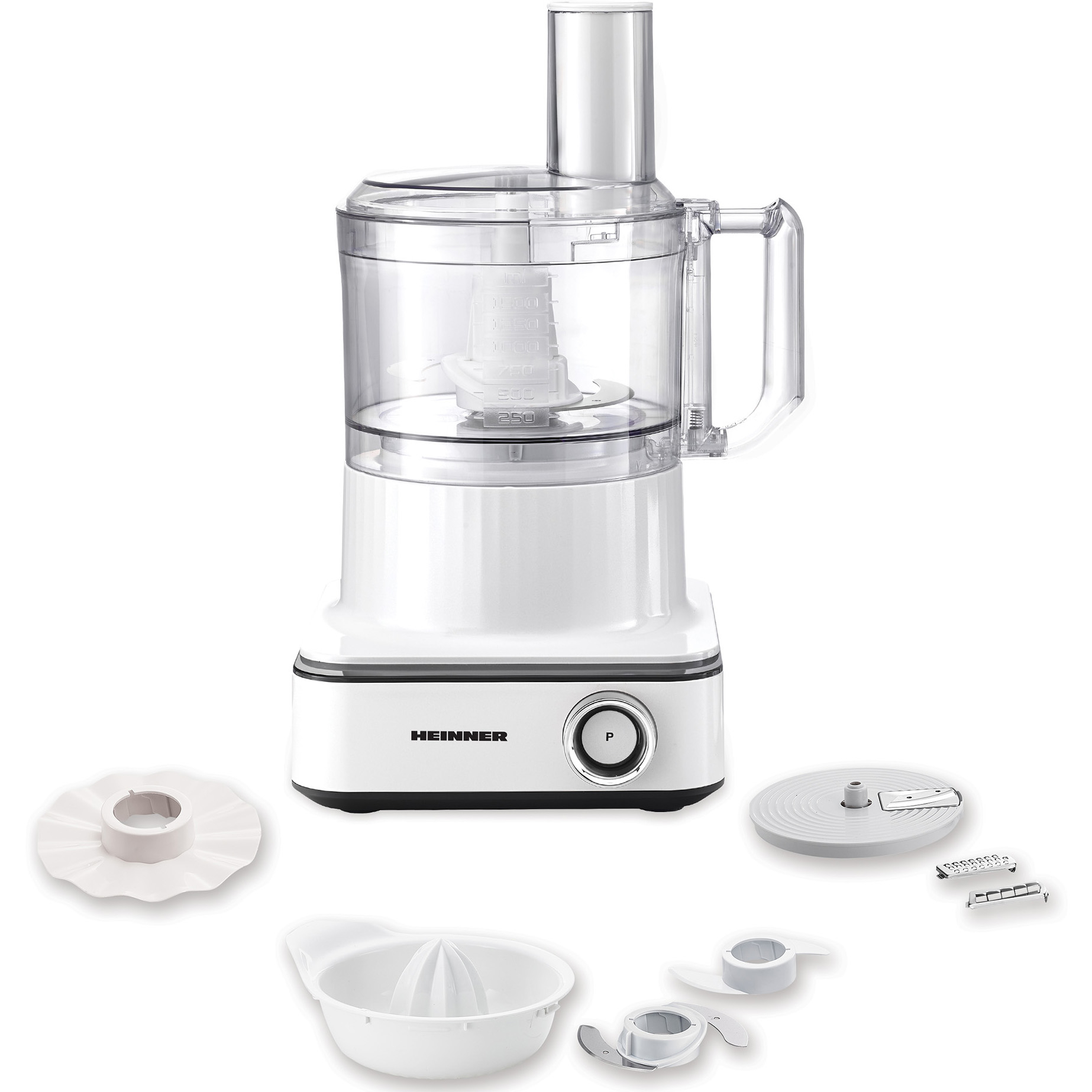 Robot de bucatarie Heinner FHP-K1000WP, 1000W, 6 viteze, 2.3L, lame inox, storcator citrice, alb
