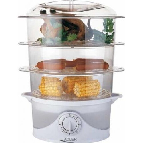 Aparat de gatit cu aburi Adler, Turbo Steam, timer 60 min, 800W, 9L, Alb