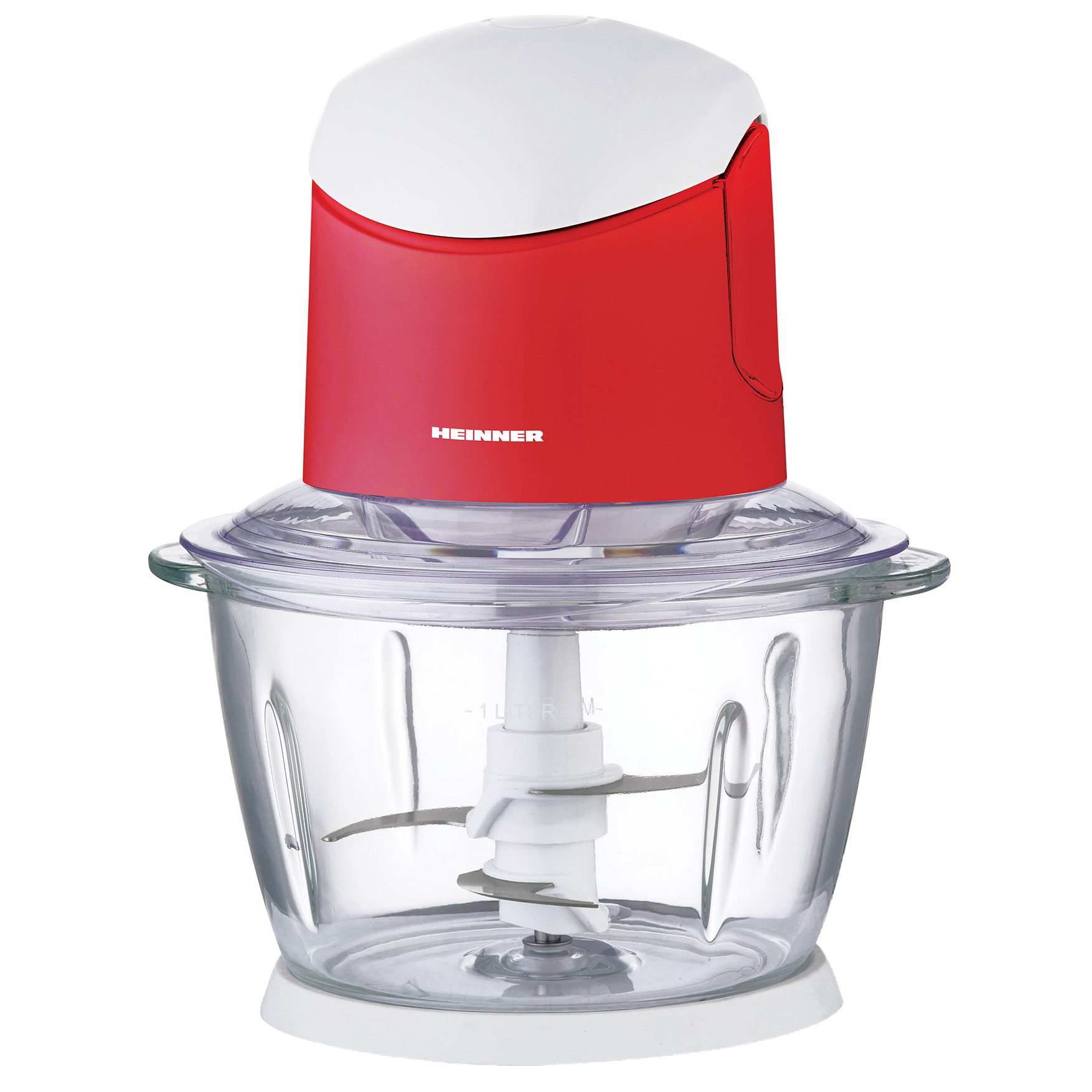 Tocator de legume Heinner HMC-K500WHR, 500W, 1 l, 2 cutite din inox, angrenaj metalic, baza anti-alunecare, bol sticla, sistem de siguranta, alb/rosu