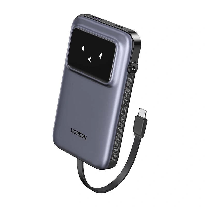 Powerbank Ugreen Uno PB511, 10000mAh, 30W, gri, dimensiuni 116x72x22mm, cablu USB-C integrat