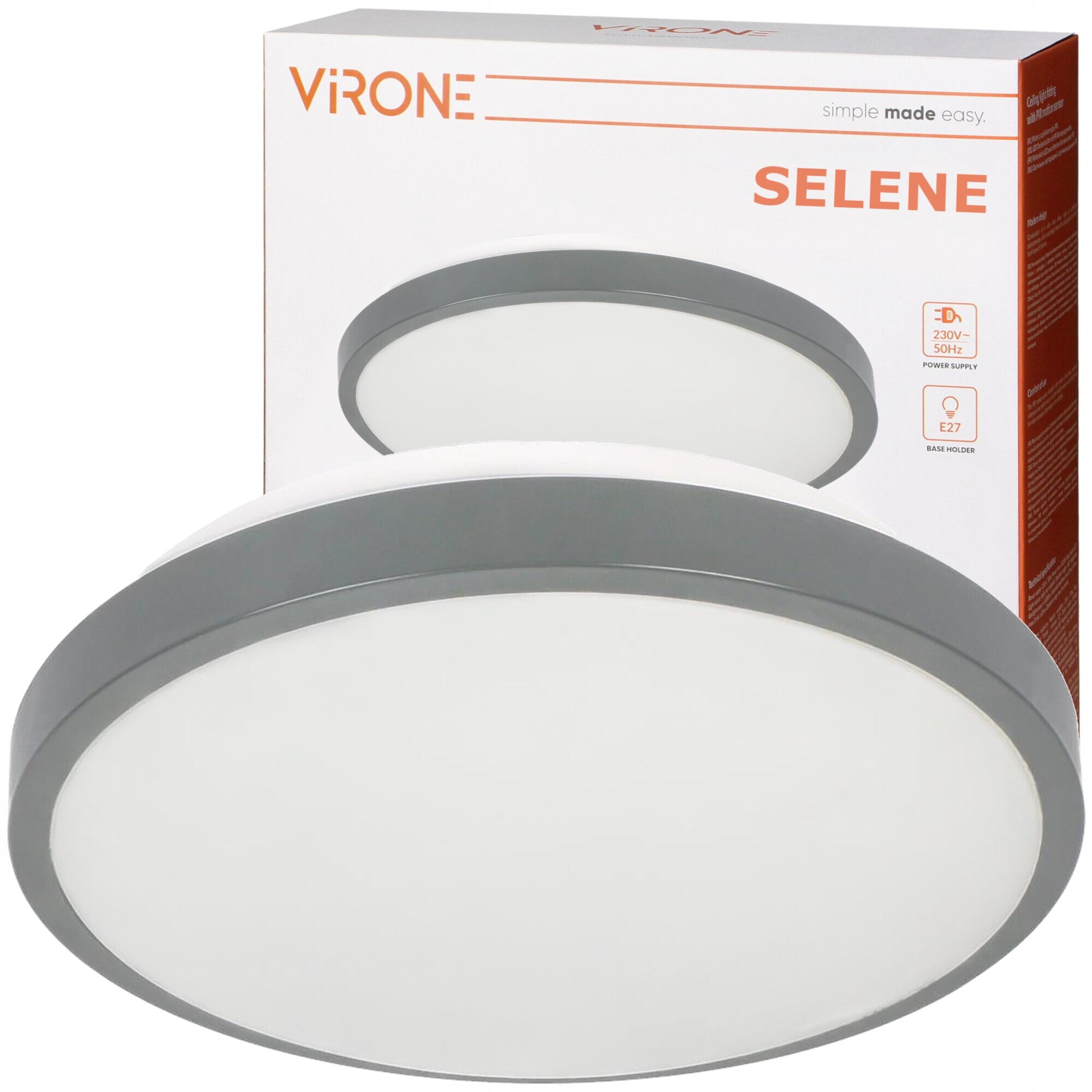 Plafoniera VIRONE SELENE CL/2XE27-10MV/G, 2xE27, max. 2x60W, senzor de miscare, IP54, IK07, metal/plastic, gri