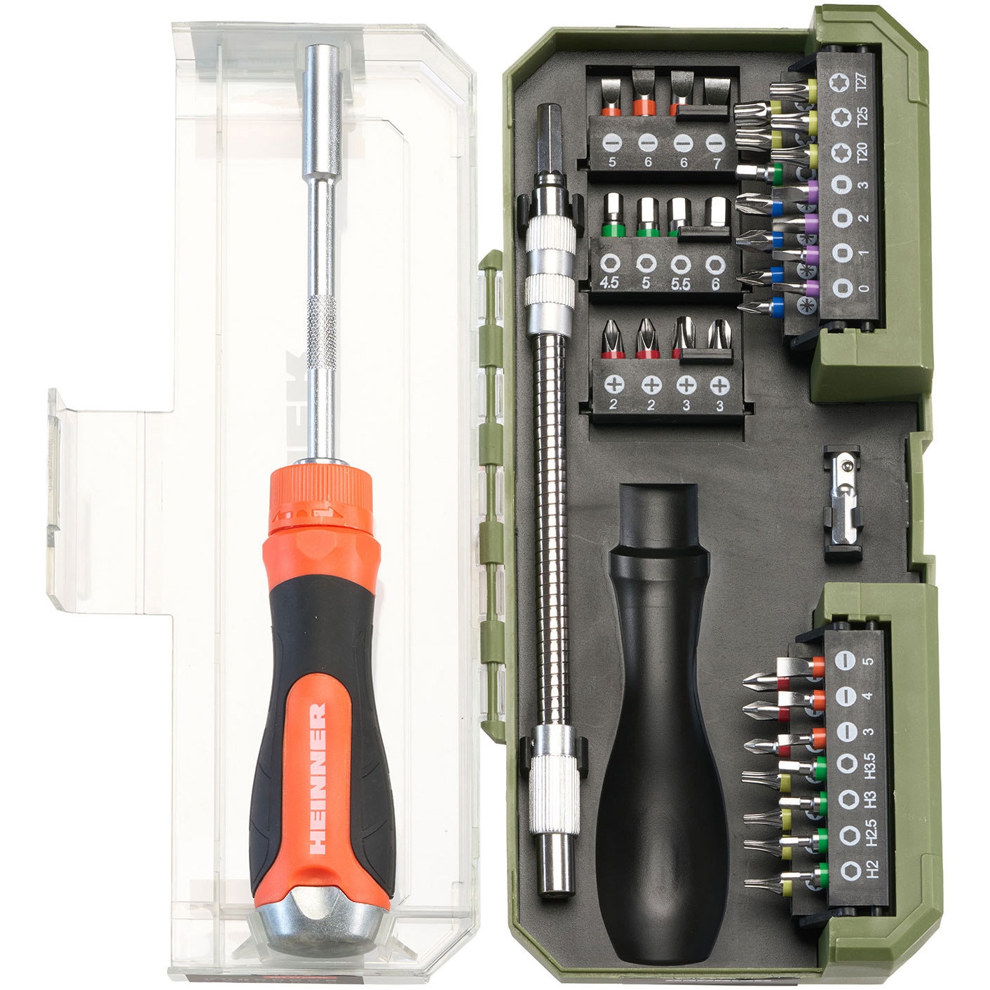 Set 43 accesorii Heinner PCSS018, surubelnita cu clichet, biti, extensie flexibila, adaptor biti