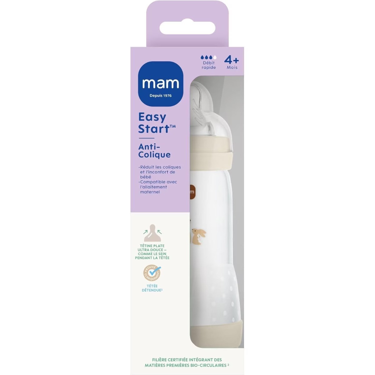 Biberon Mam Baby Perfect Start Grounding in Nature, 320 ml, cu dispozitiv anticolici, Tetina Mam SkinSoft™ Silicon, Tetina care Functioneaza ca Sanul Mamei, fara BPA si BPS, Autocuratare, Bej