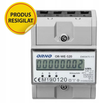 Resigilat Contor de energie electrica trifazat Orno OR-WE-520 MID, 80 A max, 5 A baza, clasa B, 800 imp/kWh, afisaj LCD 6+2, iesire impuls 12–27V, montaj pe sina DIN TH-35 mm, 3 module, alb