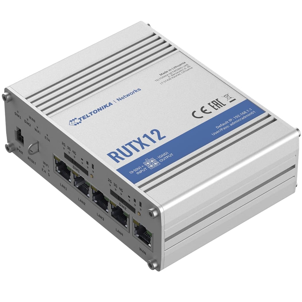 Router Professional Teltonika RUTX12, 4G LTE dual SIM, 5X 10/100/1000mbps, WiFi, Bluetooth, GPS, Modbus, VPN