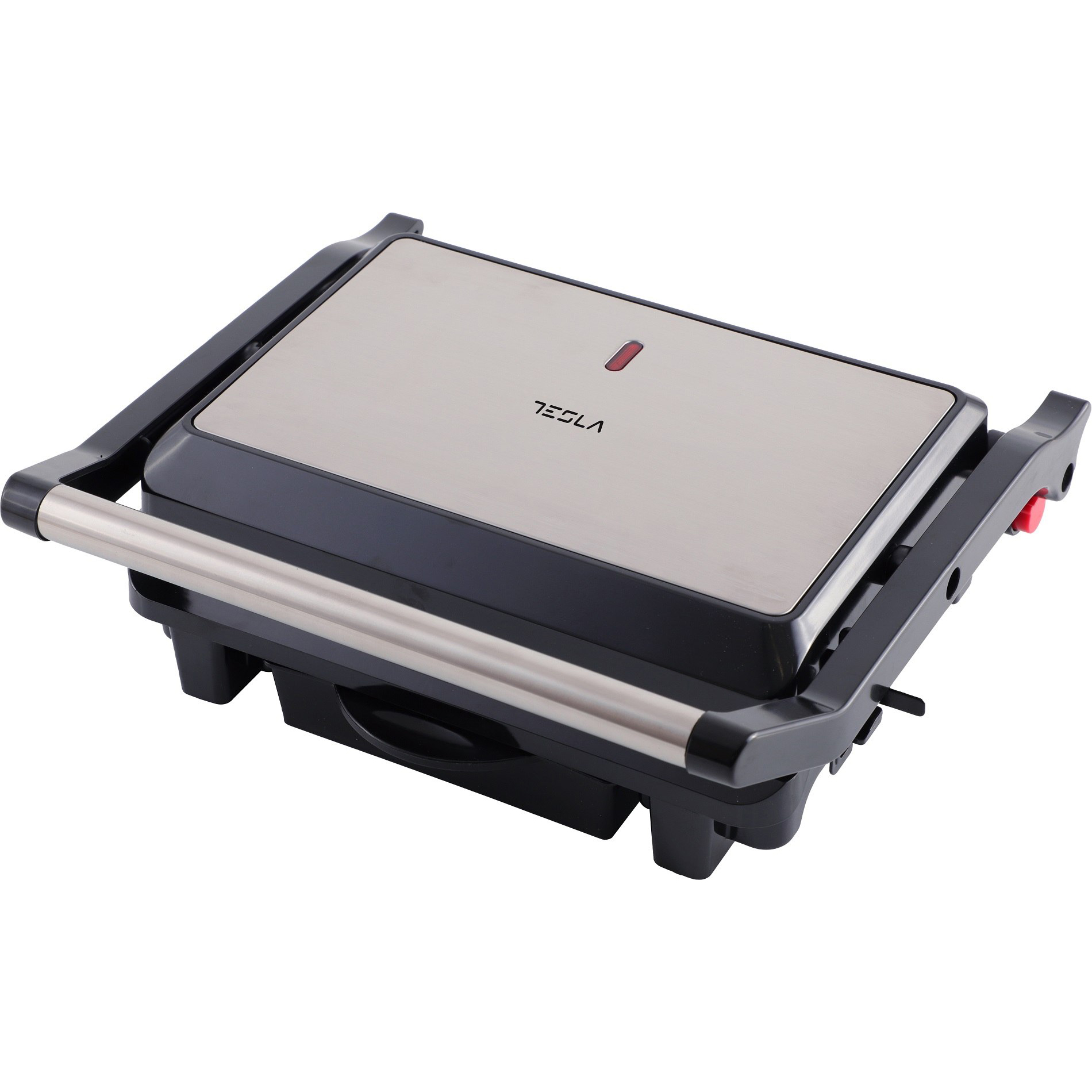 Gratar electric Tesla GR200BX, 1000 W, placi neaderente tip grill 25.5x18 cm, maner termorezistent cromat, deschidere 1800, negru/inox
