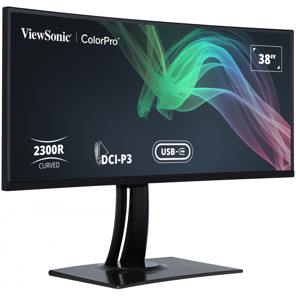 Monitor Curbat LED IPS ViewSonic VP3881A 38", WQHD+ (3840x1600), 60Hz, 5ms, aspect ratio 21:9, SuperClear® IPS, 95% DCI-P3, 100% sRGB, calibrare culori, 3 sides frameless, HDR 10, 2x HDMI, DisplayPort, USB-Type C (90W), Hub USB, Ethernet, boxe