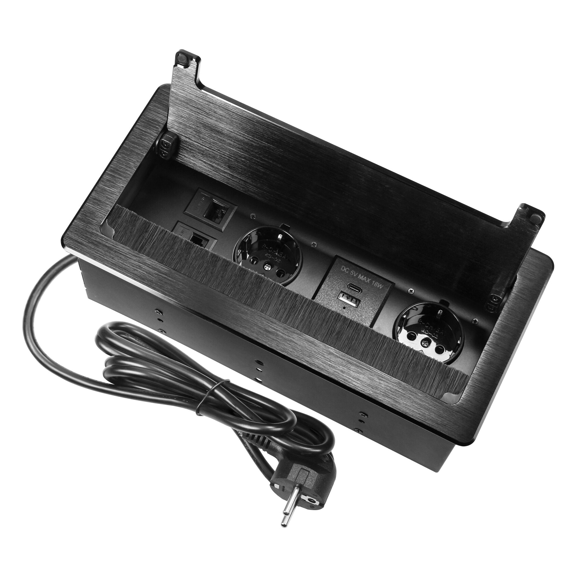 Priza incastrabila schuko ORNO OR-GM-9041(GS)/B, 2 prize 230V, 1xUSB-A, 1x USB-C, 2 x RJ45 CAT 5E, 3680W, IP20, cablu 1.5 m, perie de praf, negru