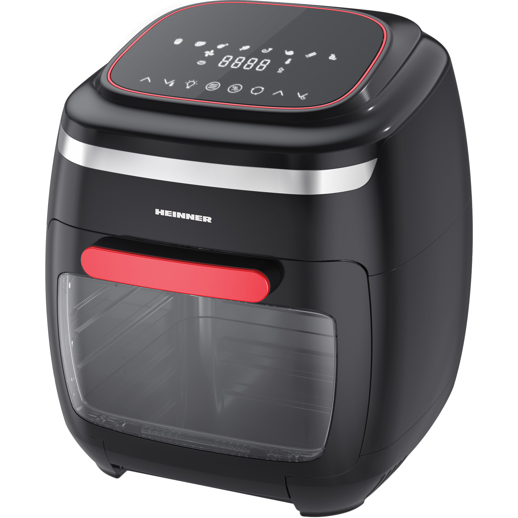 Friteuza cu aer cald Heinner Aifryer Crystal Clear HAF-B2000FB, gatire fara ulei, 2000W, capacitate cos 4.5L, capacitate cuptor 11L, 8 programe, 3 rafturi pentru preparare cu aer cald, afisaj digital, tija rotisor, termostat reglabil: 30-200˚C