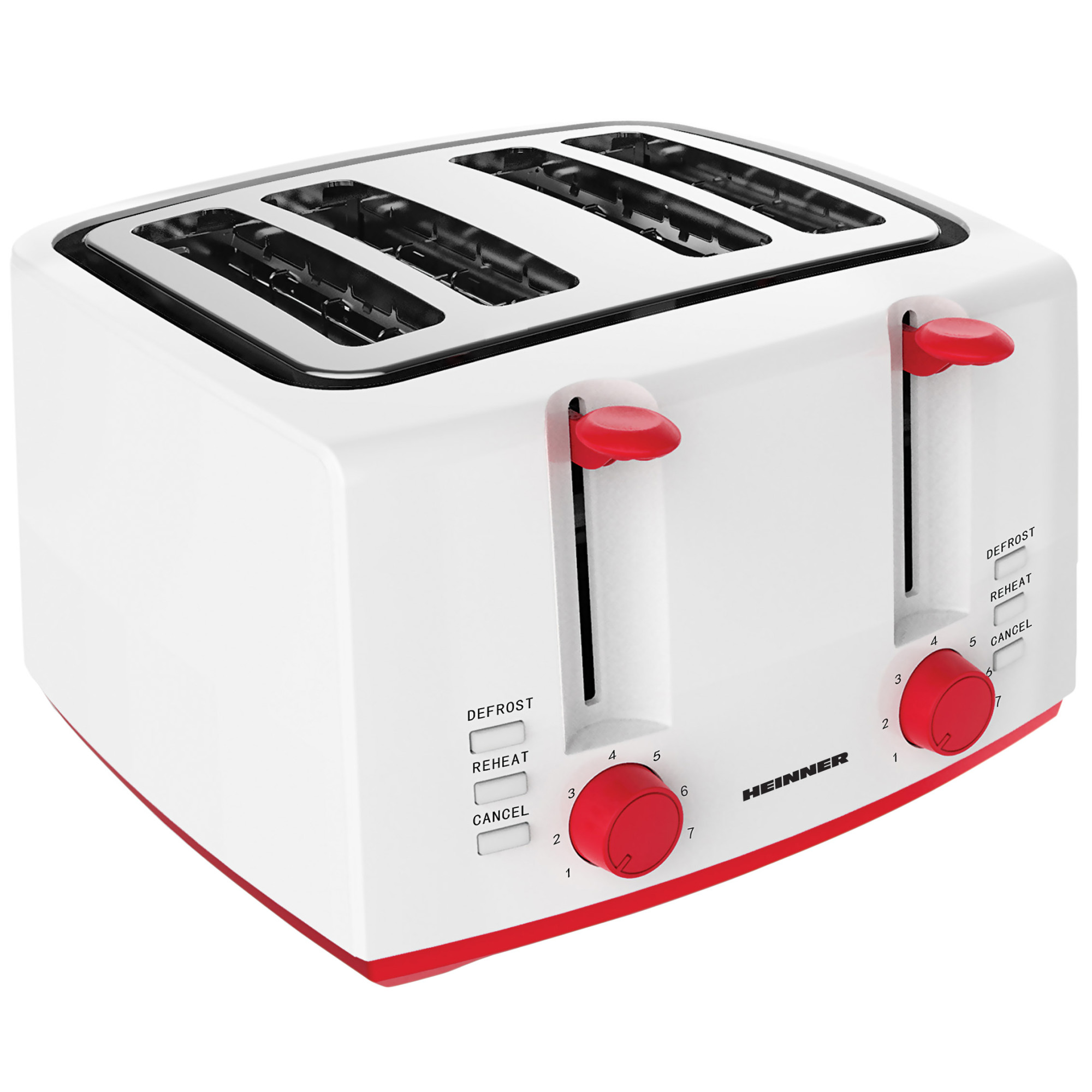 Prajitor de paine Heinner Panfette 1300 HTP-1300WHR, 1100W, capacitate 4 felii, 7 niveluri de rumenire, Alb/Rosu