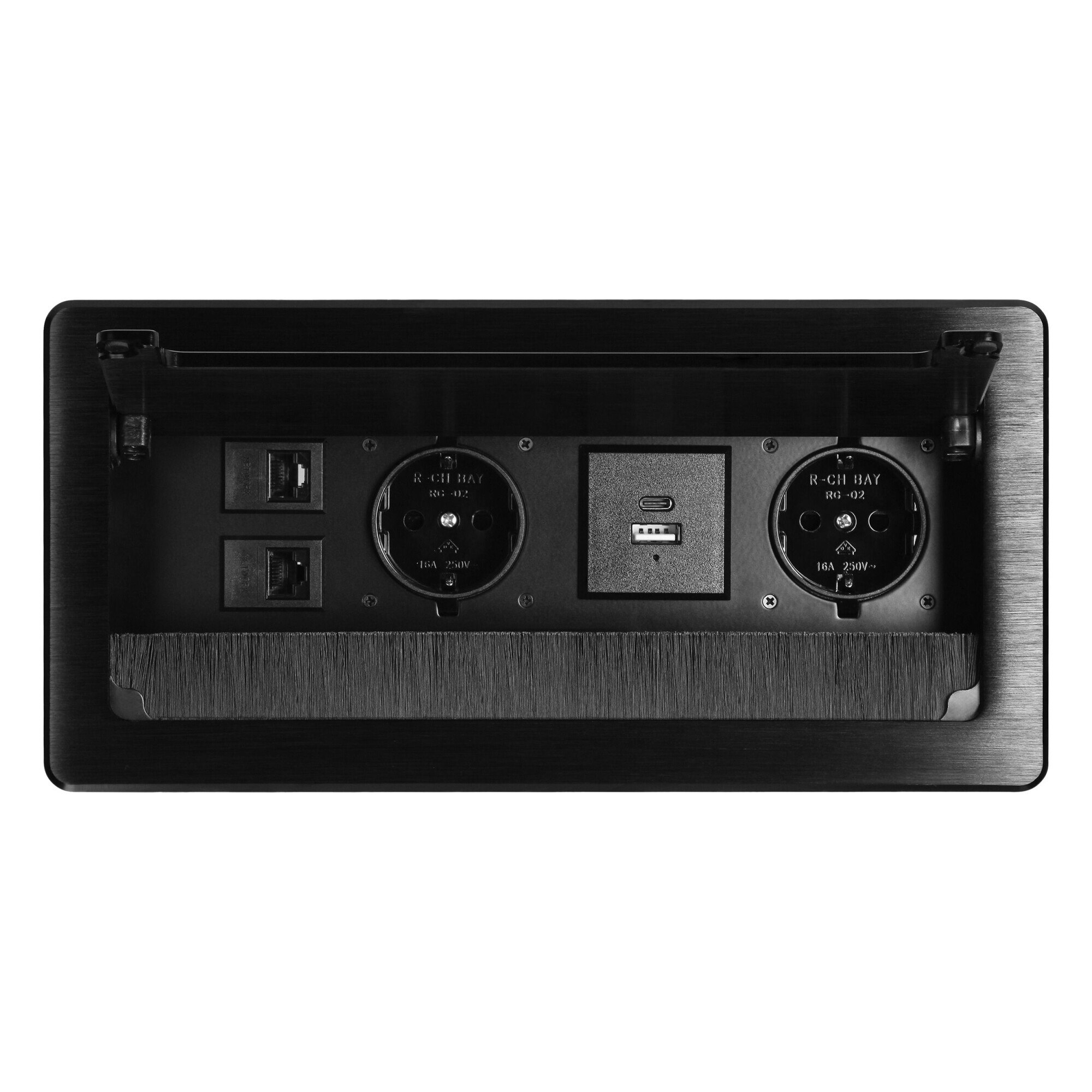Priza incastrabila schuko ORNO OR-GM-9041(GS)/B, 2 prize 230V, 1xUSB-A, 1x USB-C, 2 x RJ45 CAT 5E, 3680W, IP20, cablu 1.5 m, perie de praf, negru