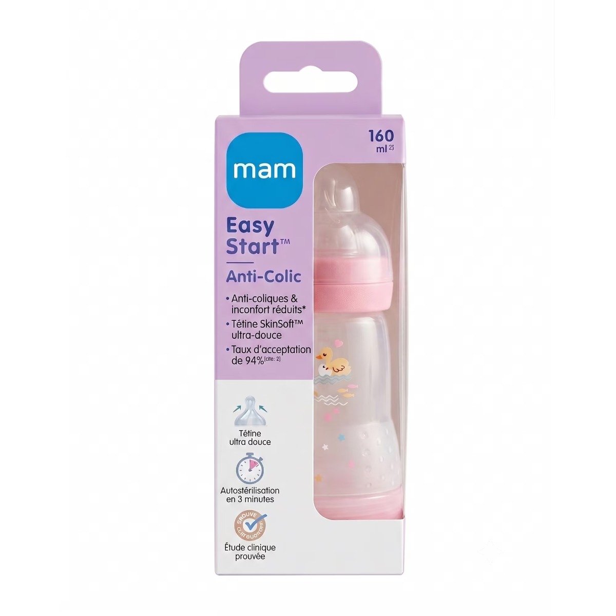Biberon Mam Baby Perfect Start Sealife, 320 ml, cu dispozitiv anticolici, Tetina Mam SkinSoft™ Silicon, Tetina care Functioneaza ca Sanul Mamei, fara BPA si BPS, Autocuratare, Roz