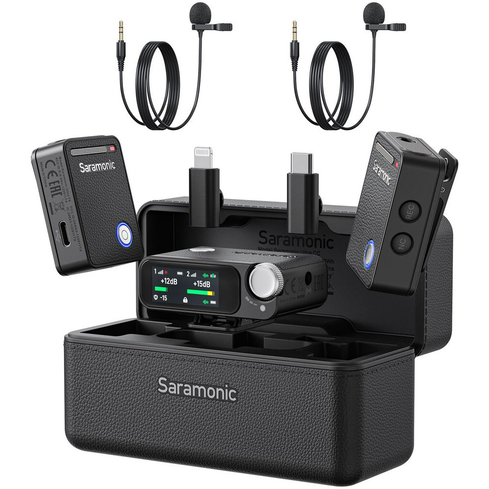 Microfon wireless Saramonic Ultra 03, 1x Receiver, 2x Microfon, Lavaliere, Autonomie microfon 6 ore, Raza de actiune 250-300m, Noise canceling, Negru