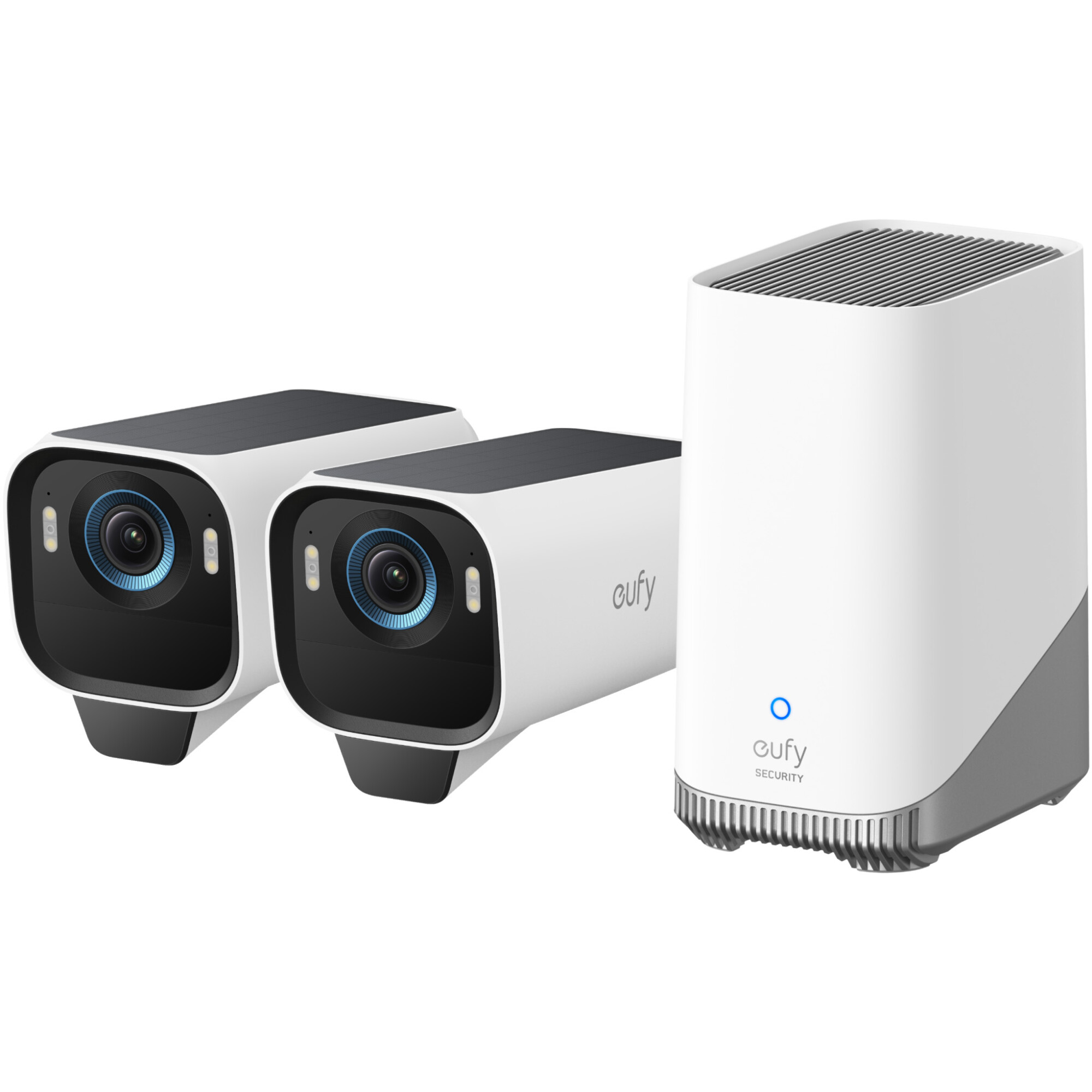 Sistem de supraveghere wireless eufyCam S3 Pro HomeBase 3 cu 2 camere eufy S3 Pro, 8MP, 4K UHD 3840x2160, Max Color Night Vision, Panou Solar Integrat, AI Face Recognition, Smart Detection, Two-Way Audio, Alarma