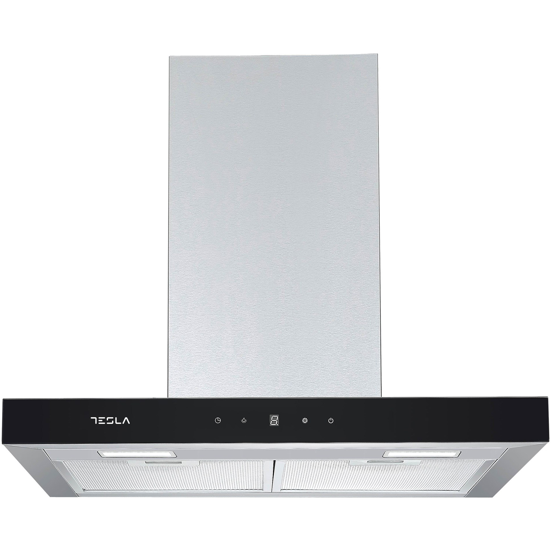 RESIGILAT - Hota incorporabila decorativa Tesla DC600AXB, T-shape, Putere de absorbtie 630 mc/h, T-shape, Control digital, Afisaj LED, 60 cm, Inox/Sticla neagra