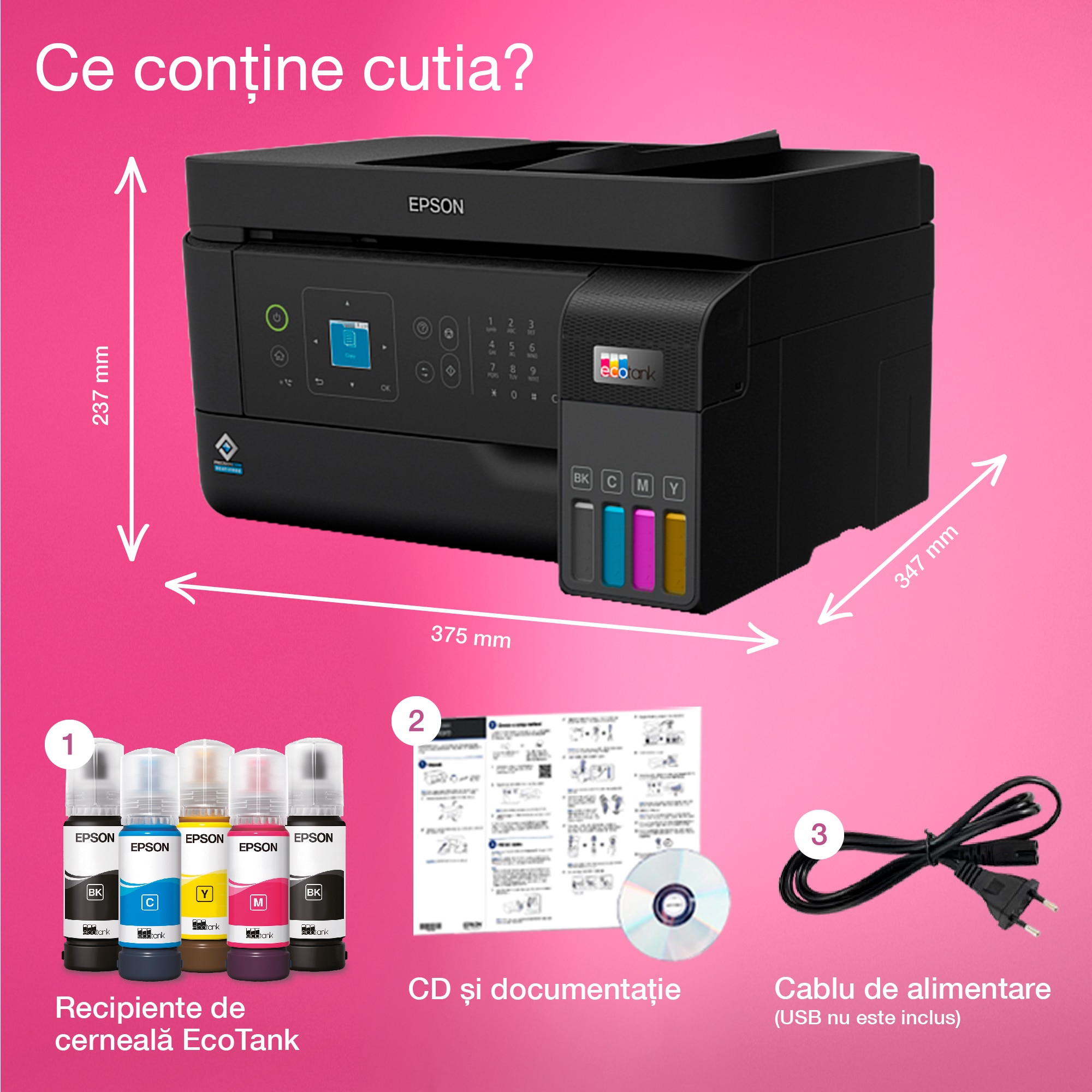 Multifunctional inkjet color CISS Epson EcoTank L5590, (Print, Copy, Scan, Fax) dimensiune A4, 4 culori, viteza max 15ppm alb-negru, 8ppm color, rezolutie 1200x2400dpi, alimentare hartie 100 coli + 30 coli ADF