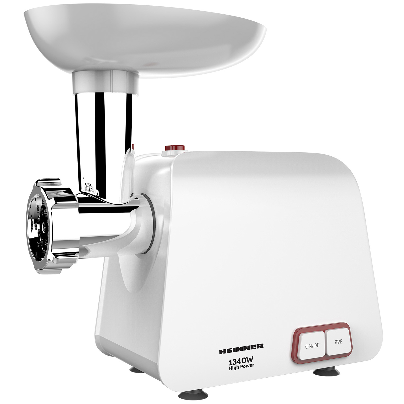 Masina de tocat Heinner Pearl 1340 MG-1340WH, 1340 W, accesoriu de rosii si carnati, cutit din inox, functie Reverse, 2 site de taiere, capacitate de tocare 1,2 kg/min, Alb