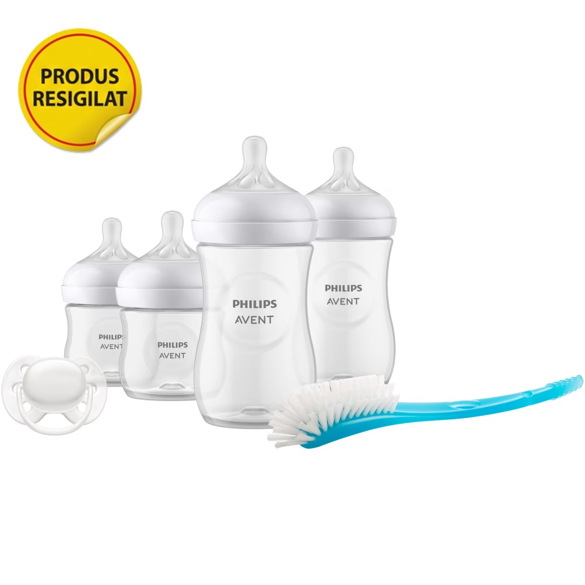 RESIGILAT - Set nou-nascut Philips Avent Natural Response SCD838/11, tetina care functioneaza ca sanul mamei, tetina fara scurgeri, 4 biberoane, suzeta ultra-soft 0-6 luni, perie pentru biberon