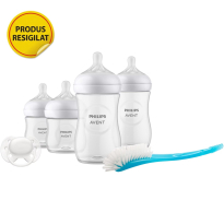 RESIGILAT - Set nou-nascut Philips Avent Natural Response SCD838/11, tetina care functioneaza ca sanul mamei, tetina fara scurgeri, 4 biberoane, suzeta ultra-soft 0-6 luni, perie pentru biberon