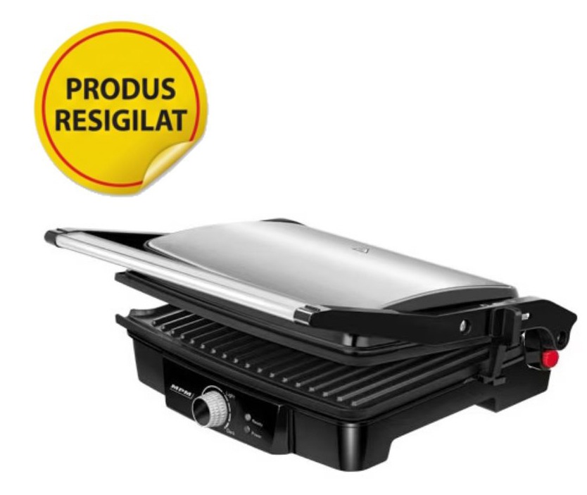 RESIGILAT - Grill electric MPM MGR-09M, 2000W, temperatura reglabila 0-270 ° C, deschidere 180°, inaltime reglabila a placii superioare, doua moduri de grill, carcasa otel inoxidabil